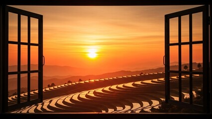 Open window view of a vibrant sunrise over terraced landscape
