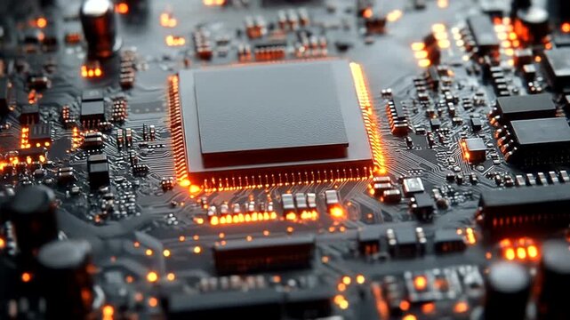 Close-up of a glowing computer processor on a circuit board with orange lights.