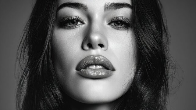 Beautiful woman's face with dramatic makeup in black and white portrait