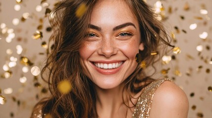 Fototapeta premium Beautiful woman smiles with gold confetti, celebrating a special occasion