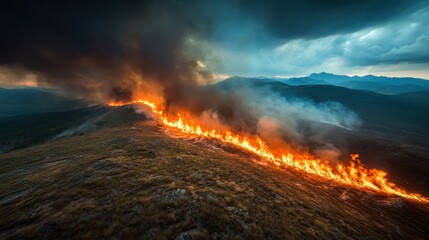 Fototapeta premium A dramatic aerial view of a wildfire spreading rapidly across a mountain range, showcasing the raw power of nature and the urgency of wildfire management and environmental awareness.