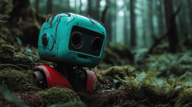 An old, rusted robot sits amidst lush forest greenery, symbolizing technology's disconnection from nature, evoking nostalgia, curiosity, and the passage of time in a serene landscape.