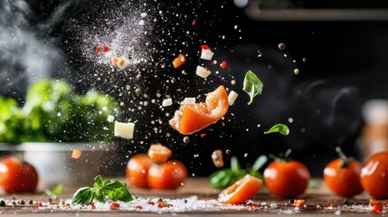 A dynamic capture of ingredients in motion, representing the art of cooking with flying tomatoes and herbs, highlighting creativity in culinary expression.