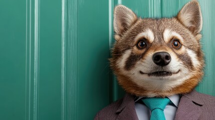 A charming raccoon dressed in a suit with a teal tie, standing against a vibrant green background, showcasing a playful juxtaposition of human attire on an animal.