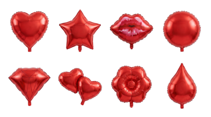 Red foil balloon set including heart, star, lips, circle, diamond, flower, and teardrop shapes isolated. Party and romantic celebration decor collection.