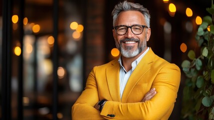 An older gentleman in a stylish yellow jacket portrays confidence and sophistication, symbolizing the charm of experience and the timeless appeal of elegant fashion in daily life.