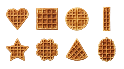 Waffle set including heart, square, circle, star, flower, triangle, and oval shapes isolated. Breakfast pastry and golden toasted dessert collection.
