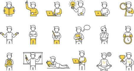 Educational activity icon set, cartoon student poses, learning and thinking actions, academic symbols, faceless characters - flat vector illustration