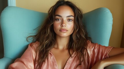 A captivating portrait presents a young woman in a soft, relaxed pose, radiating natural beauty and peace in a cozy setting, inviting viewers to feel a sense of calm.