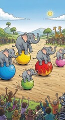 Fototapeta premium Multiple elephants demonstrate impressive balancing skills upon colorful exercise spheres for an excited audience.