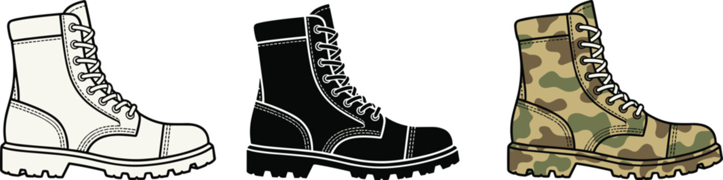 Combat boot icon set, white, black, and camouflage styles, rugged footwear design, military fashion - flat vector illustration