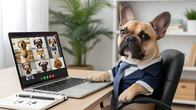 French Bulldog in Business Suit Attending Video Conference Call on Laptop in Modern Office, Funny Corporate Pet Concept, Remote Work, Online Meeting, Professional Workspace Humor