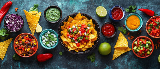 The colourful dishes and sauces of Mexican cuisine showcase culinary diversity, ideal for adding a vibrant backdrop to restaurant menus.