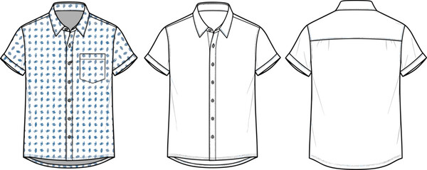 Vector technical flat sketch of a short sleeve button down shirt, featuring geometric pattern, chest pocket, for menswear apparel design, casual summer clothing template. © Priyo