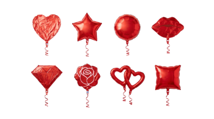 Red foil balloon set including heart, star, round, lips, diamond, rose, interlocking hearts, and square shapes. Valentine day and party celebration collection.