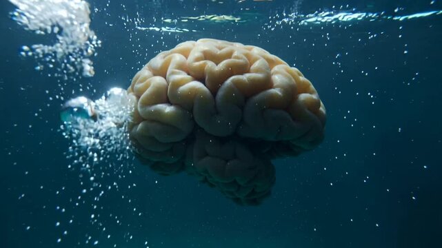 Brainwashing process represented by anatomical model in deep blue liquid. Human brain submerged in water with rising air bubbles.