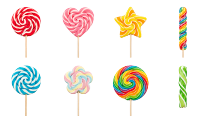 Assorted swirl lollipop set including round, heart, star, flower, and twisted stick shapes isolated. Colorful candy and confectionery collection.