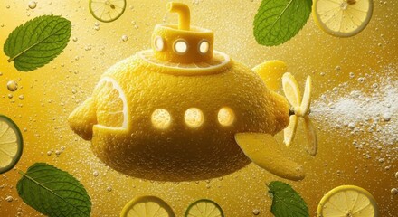 Whimsical submersible crafted from citrus fruit navigates bubbly liquid with floating green herbs and slices