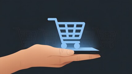 Online shopping concept. Online purchase, ecommerce store, online business, Business ecommerce. Person using smartphone with shopping cart on virtual screen