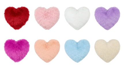 Heart shaped pillow set including plush faux fur cushions in red pink white purple and blue colors isolated. Decorative home accessory and valentine gift collection.
