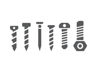 Aset of hardware fastener icons, including various types of screws, a nail, and a bolt.transparant  background