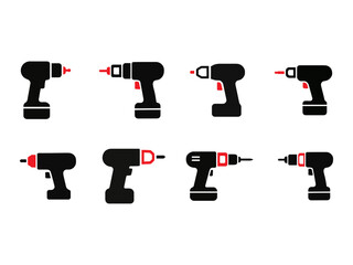 A set of hardware fastener icons representing various types of electric power drills and screwdrivers..transparant  background