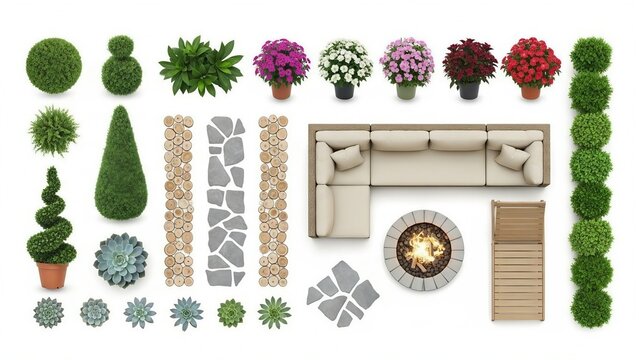 Top View Patio Furniture and Decorative Garden Plants on White Background