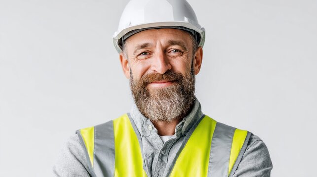 Smiling construction worker with a beard wearing a hard hat and safety vest