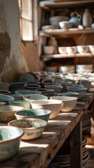 Fototapeta premium Clay items awaiting firing are neatly arranged on wooden shelves and tables in the workshop, emphasising the handcrafted nature and creative process, ideal for providing atmospheric background 