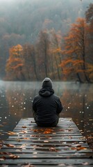 Fototapeta premium A solitary figure on a wooden pier surrounded by autumn forest and light rain conveys a mood of peace and reflection, suitable for the background of meditative apps or literary covers.