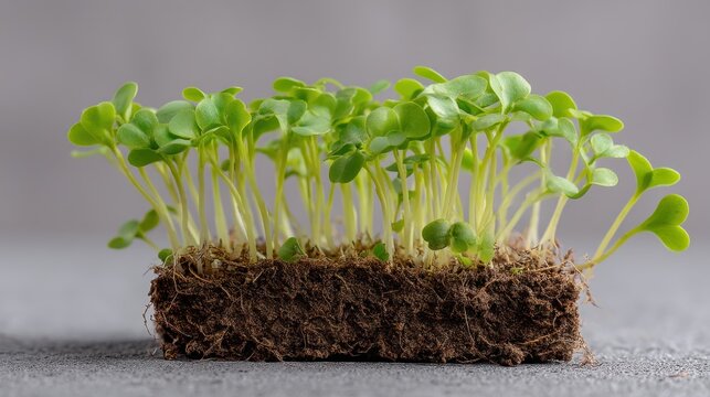 Fresh green microgreens growing on soil block.