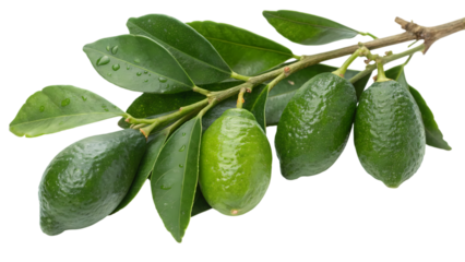 Fresh green limes with water droplets on a leafy branch, isolated on a black background