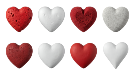 Heart shape set including red and white textured stone, sponge, and matte variants isolated. Valentines day and romantic symbol collection.
