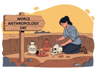 Archaeologist Excavating Skull and Pottery at Desert Dig Site