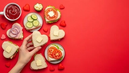 Heart shaped sandwiches and snacks on red background