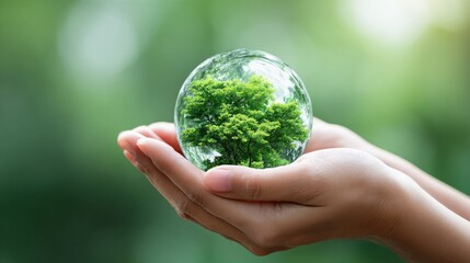 Hands holding a glass sphere with a tree inside, representing environmental protection