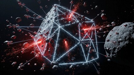 A futuristic digital artwork depicting a large asteroid surrounded by a glowing blue geometric structure in space with red explosions and small asteroids