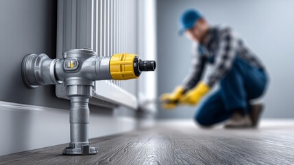 A worker focuses on installing a radiator valve on the wall while managing tools nearby
