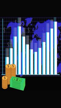 World Map Financial Graph with Money Stacks and Coins on Black Background finance business. Global finance business concept: world map chart with cash stacks and coins vertical video.