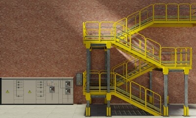 Metal Staircase and Control Panel in Red Brick Warehouse Interior, 3D Rendering