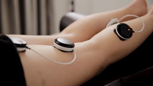 Woman lying down receiving electrical muscle stimulation therapy on her legs. Ems device stimulating quadriceps for rehabilitation