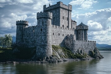 Historic stone castle overlooks water under a cloudy sky in a serene landscape