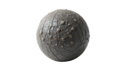 Abstract dark gray sphere textured with organic webbing and small nodes creating a complex alien surface on transparent background