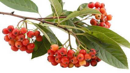 Vibrant clusters of red-orange berries with green leaves on a branch isolated on black