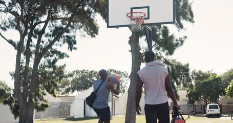 Sports, training and basketball players on court for outdoor training, workout or game together. Fitness, fun and African male athletes playing match for exercise or practice for teamwork on field. - Powered by Adobe