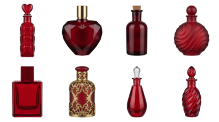 Red glass perfume bottle set including heart shaped, ornate gold filigree, frosted swirl, and vintage apothecary styles isolated. Luxury fragrance and cosmetic packaging collection.