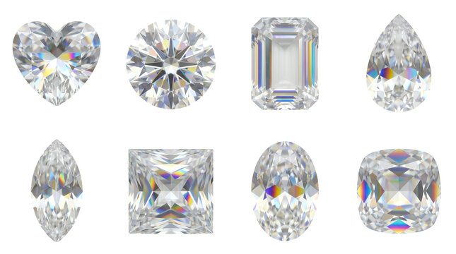 Diamond gemstone set including heart, round, emerald, pear, marquise, princess, oval, and cushion cuts isolated. Jewelry and luxury gem collection.