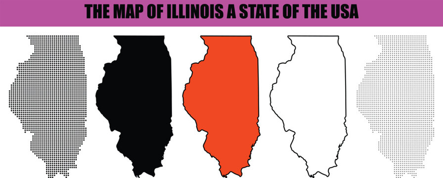 Silhouette, line art, dot, dotted, star art Multiple stylized vector maps illustrating the geographic shape of Illinois state within the United States of America with diverse fills map