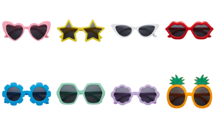 Colorful sunglasses set including heart, star, flower, pineapple, and lip shapes isolated. Kids party eyewear and summer fashion accessories collection.