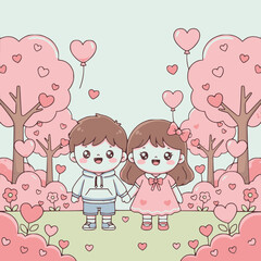Cute kawaii boy and girl holding hands in a magical pink heart forest vector illustration.